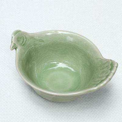 Celadon ceramic bowl, 'Chiang Mai Chicken' - Hand Crafted Celadon Ceramic Chicken Bowl from Thailand