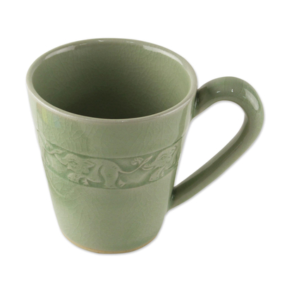 Celadon ceramic mug, 'Elephant Babies' - Hand Crafted Celadon Ceramic Elephant Mug from Thailand
