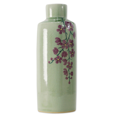Hand Crafted Celadon Ceramic Floral Vase from Thailand