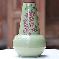 Celadon ceramic vase, 'Hanging Flowers' - Hand Crafted Celadon Ceramic Floral Vase from Thailand