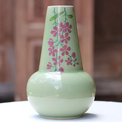 jarrón de cerámica celadón - Jarrón floral de cerámica Celadon hecho a mano de Tailandia