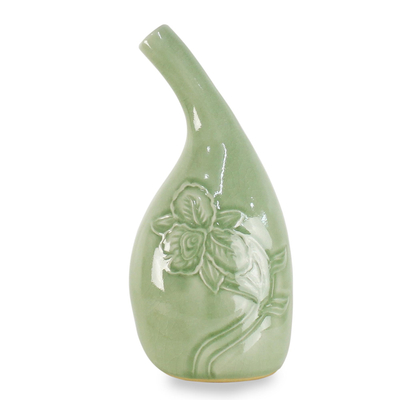 Hand Crafted Green Celadon Ceramic Floral Vase from Thailand