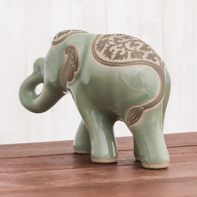 Celadon ceramic sculpture, 'Prestigious Elephant in Olive' - Celadon Ceramic Sculpture of an Elephant from Thailand
