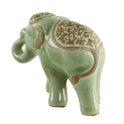 Celadon ceramic sculpture, 'Prestigious Elephant in Olive' - Celadon Ceramic Sculpture of an Elephant from Thailand