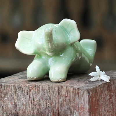Celadon ceramic sculpture, 'Funny Elephant' - Celadon Ceramic Sculpture of an Elephant from Thailand