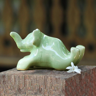 Celadon ceramic sculpture, 'Funny Elephant' - Celadon Ceramic Sculpture of an Elephant from Thailand
