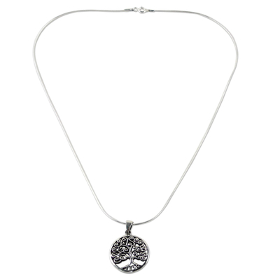 Sterling silver pendant necklace, 'Tree of Spirals' - Sterling Silver Circular Tree Pendant Necklace from Thailand