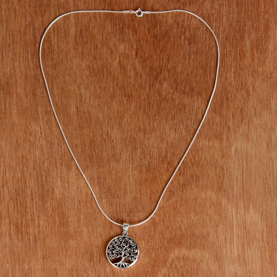Sterling silver pendant necklace, 'Tree of Spirals' - Sterling Silver Circular Tree Pendant Necklace from Thailand