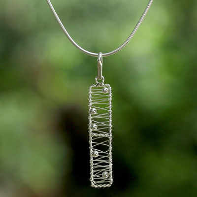 Sterling silver pendant necklace, 'Chiang Mai River' - Sterling Silver Rectangular Wire Thai Pendant Necklace