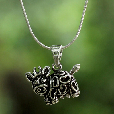 Sterling silver pendant necklace, 'Blissful Cow' - Artisan Crafted Sterling Silver Thai Cow Pendant Necklace