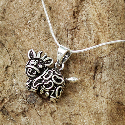 Sterling silver pendant necklace, 'Blissful Cow' - Artisan Crafted Sterling Silver Thai Cow Pendant Necklace