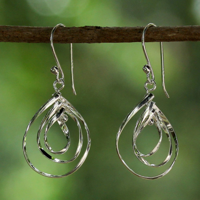 Sterling silver dangle earrings, 'Dewy Trio' - Sterling Silver Triple Teardrop Thai Dangle Earrings