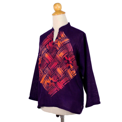 Blusa batik de algodón - Blusa de algodón de manga larga con estampado batik pintado a mano