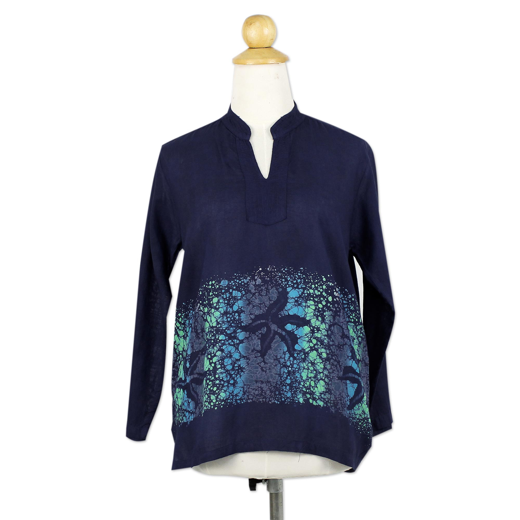 Blue Cotton Blouse with Hand Painted Batik Design - Deep Sea | NOVICA