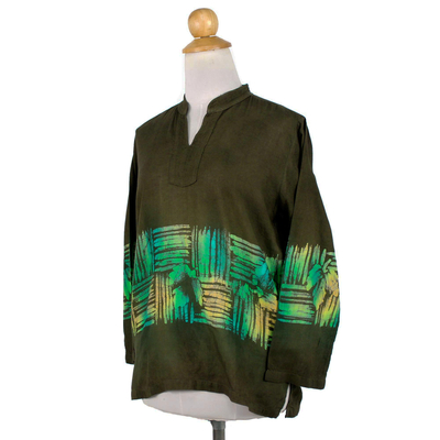Cotton batik blouse, 'Olive Branch' - Long Sleeved Green Blouse with Hand Painted Batik Pattern