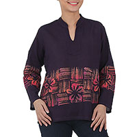 Túnica de batik de algodón, 'Island Evenings' - Blusa de algodón de manga larga tailandesa hecha a mano con patrón de batik