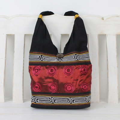 Cotton shoulder bag, 'Crimson Wine' - Cotton Thai Style Shoulder Bag in Crimson and Black