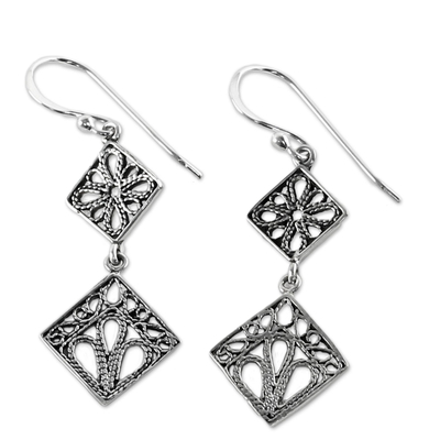 Sterling silver filigree dangle earrings, 'Wind in the Trees' - Sterling Silver Square Shaped Filigree Dangle Earrings