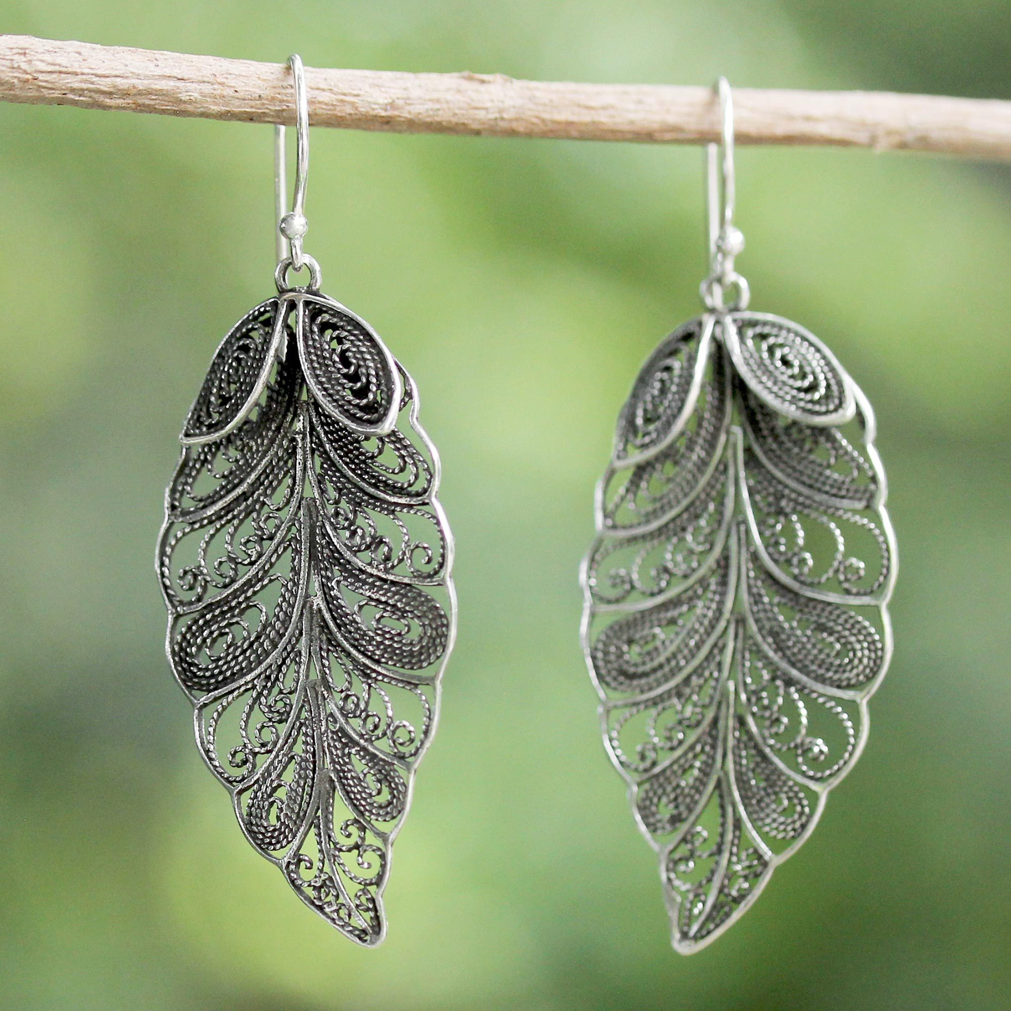 Sterling Silver Filigree Leaf Dangle Earrings from Thailand Feathered