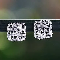 Sterling silver stud earrings, 'Crisscross Square' - Sterling Silver Wrap Square Stud Earrings Made in Thailand