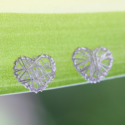 Sterling silver stud earrings, 'Heart Wrap' - Sterling Silver Wrapped Heart Earrings Crafted in Thailand