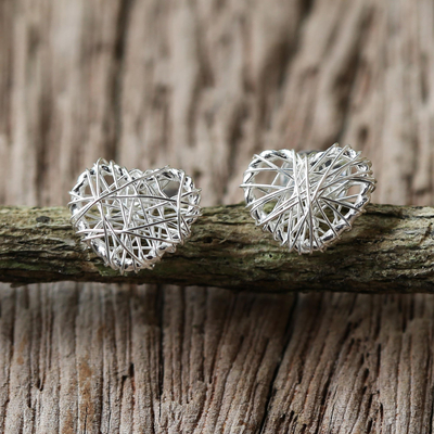 Sterling silver stud earrings, 'Heart Wrap' - Sterling Silver Wrapped Heart Earrings Crafted in Thailand