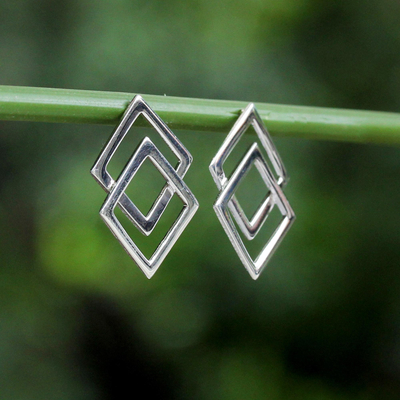 Sterling silver button earrings, 'Forever Square' - Thai Sterling Silver Square Geometric Button Earrings