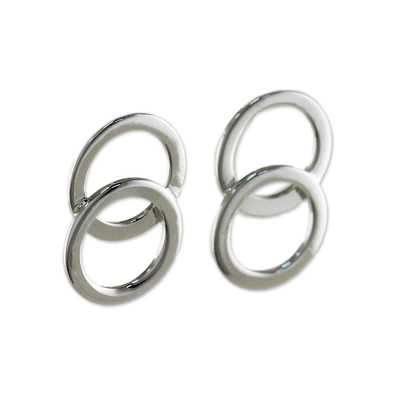 Sterling silver button earrings, 'Forever Circles' - Thai Sterling Silver Geometric Circle Modern Button Earrings