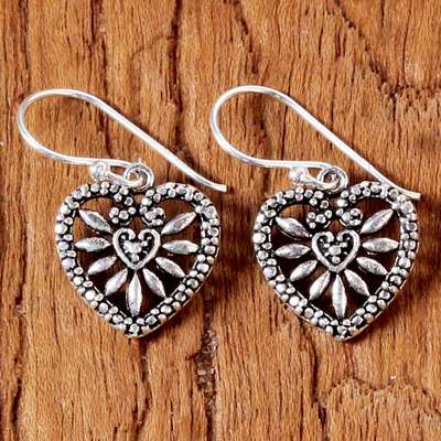 Sterling silver dangle earrings, 'Heart Blooms' - Heart Shaped Sterling Silver Dangle Earrings from Thailand