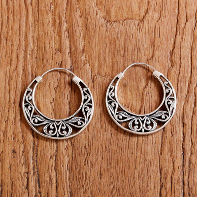 Sterling silver hoop earrings, 'Leafy Spring' - Sterling Silver Leaf Motif Hoop Earrings from Thailand