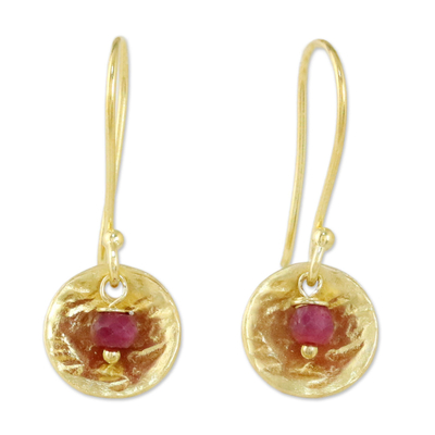 Gold plated ruby dangle earrings, 'Cerise Harvest Moon' - Artisan-made 24k Gold Plated Ruby Dangle Earrings Thailand