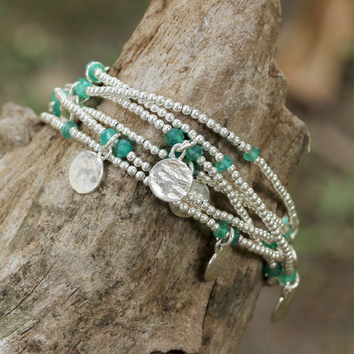 Onyx wrap bracelet, 'Rain Charms in Green' - 925 Sterling Silver Plated Green Onyx Bracelet from Thailand