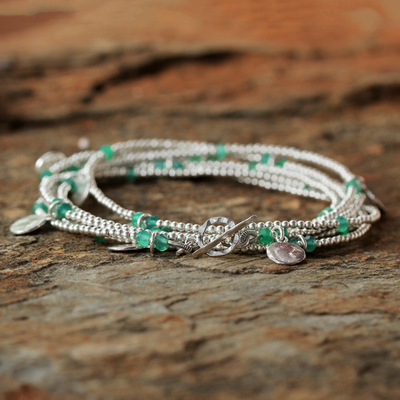 Onyx wrap bracelet, 'Rain Charms in Green' - 925 Sterling Silver Plated Green Onyx Bracelet from Thailand