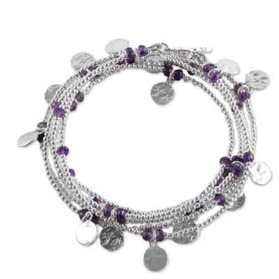 Amethyst wrap bracelet, 'Rain Charms' - Sterling Silver Plated Amethyst Wrap Bracelet from Thailand