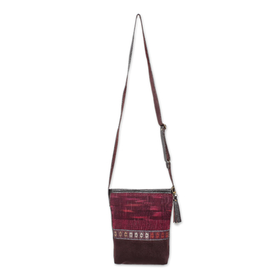 Leather accent cotton shoulder bag, 'Northern Thai Charm' - Thai Handwoven Cotton Shoulder Bag with Leather Accents