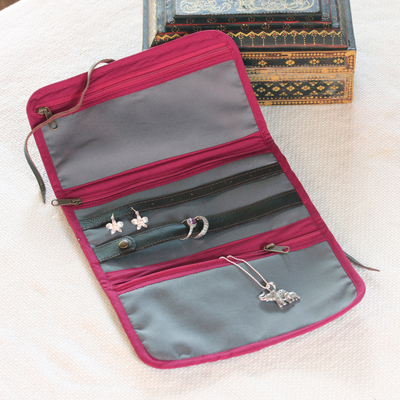 Cotton Jewellery roll, 'Happy Travels' - Thai Cotton Jewellery Roll Travel Case with 3 Pockets