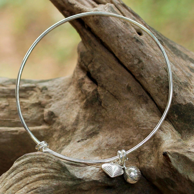 Sterling silver charm bangle bracelet, 'Dimpled Heart' - Sterling Silver Heart Shaped Charm Bracelet from Thailand