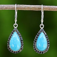 Thai Reconstituted Turquoise and Onyx Dangle Earrings,'Dangling Petals'