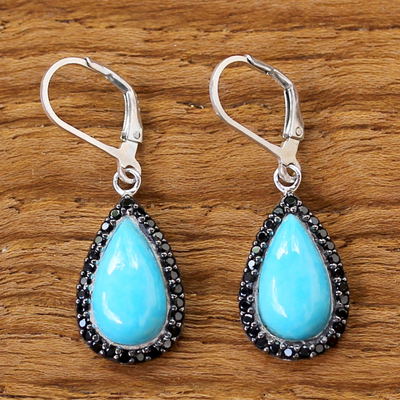 Onyx dangle earrings, 'Dangling Petals' - Thai Reconstituted Turquoise and Onyx Dangle Earrings