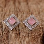 Rhodium plated rose quartz button earrings, 'Pink Squares' - Rhodium Plated Rose Quartz Button Earrings from Thailand