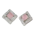 Rhodium plated rose quartz button earrings, 'Pink Squares' - Rhodium Plated Rose Quartz Button Earrings from Thailand