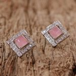 Rhodium plated rose quartz button earrings, 'Pink Squares' - Rhodium Plated Rose Quartz Button Earrings from Thailand