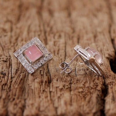 Rhodium plated rose quartz button earrings, 'Pink Squares' - Rhodium Plated Rose Quartz Button Earrings from Thailand