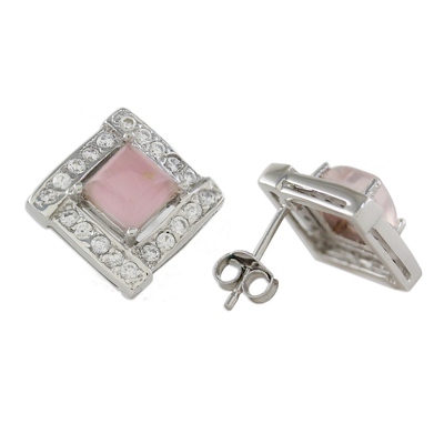 Rhodium plated rose quartz button earrings, 'Pink Squares' - Rhodium Plated Rose Quartz Button Earrings from Thailand