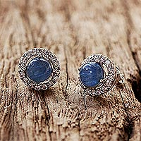 Rhodium plated kyanite button earrings, 'Tossing Ocean' - Rhodium Plated Kyanite and Cubic Zirconia Button Earrings