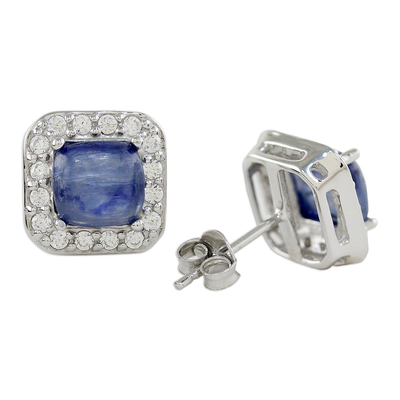 Rhodium plated kyanite stud earrings, 'Blue Squares' - Rhodium Plated Kyanite and Cubic Zirconia Stud Earrings