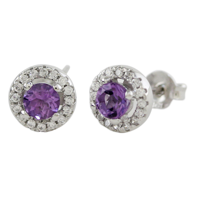 Rhodium Plated Amethyst and Cubic Zirconia Stud Earrings