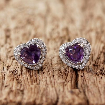 Rhodium Plated Amethyst Heart Shaped Stud Earrings Lavender Hearts Rhodium Plated Amethyst Stud Earrings Lavender Hearts Heart Shaped