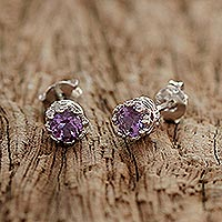 Rhodium plated amethyst stud earrings, 'Lavender Brilliance'