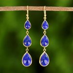 Gold plated lapis lazuli dangle earrings, 'Nectar Drops' - Gold Plated Thai Lapis Lazuli Teardrop Dangle Earrings